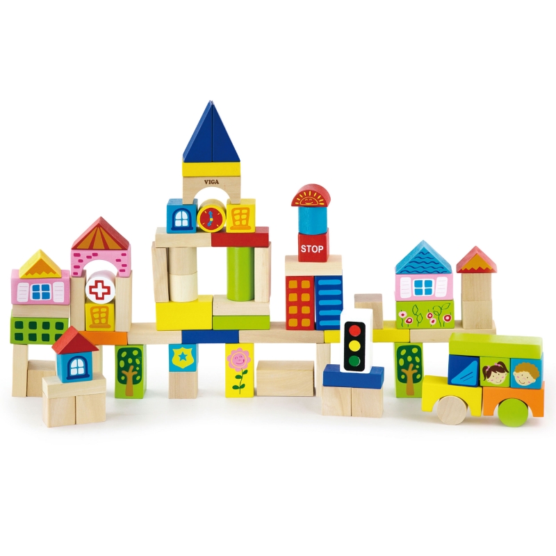 Medinės edukacinės kaladėlės kibire Viga Toys Miasto 75 elementai