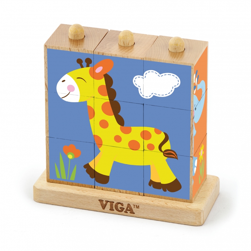 Medinių kaladėlių loginė dėlionė Dėlionė Viga Toys Zoo 9 elementai Montessori