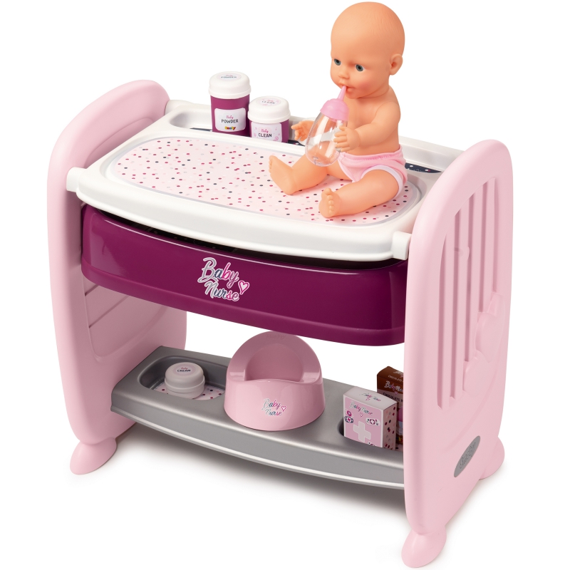 Smoby Baby Nurse 2-in-1 lova lėlei, persirengimo stalas + lėlytė