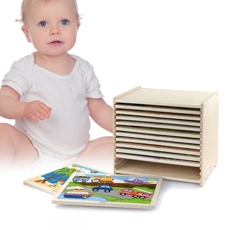 Medinės dėlionės, 12 lentų po 16 dėlionių, stove Viga Toys