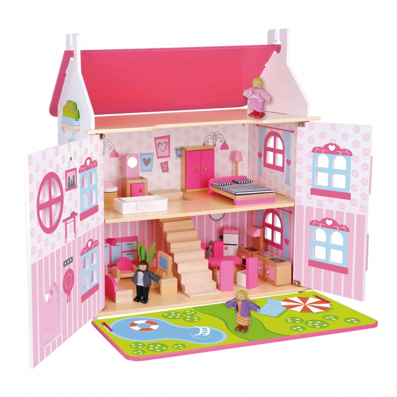 TOOKY TOY Dviejų aukštų medinis lėlių namelis
