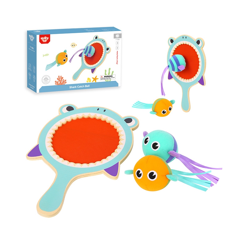Tooky Toy Arkadinis žaidimas vaikams Medinis irklinis ryklys + 2 Velcro žuvys gaudymui