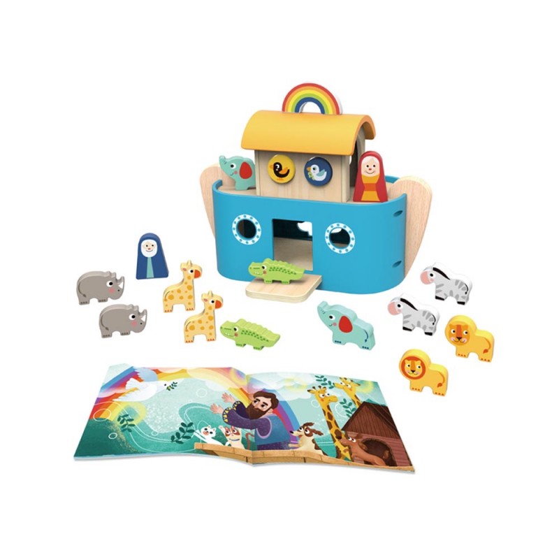 TOOKY TOY Medinis Nojaus arkos formos rūšiuotojas Statybinių blokų figūrėlės + iliustruota knyga 19 El.
