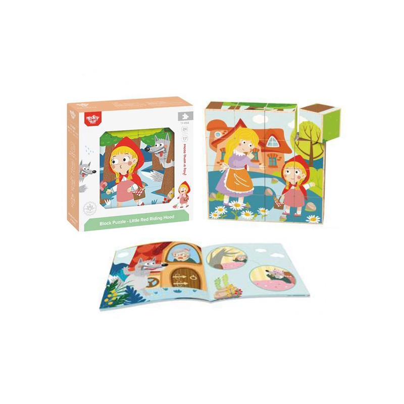 TOOKY TOY Medinių kaladėlių dėlionė Montessori Raudonkepuraitė dėlionė + knyga 17 vnt.