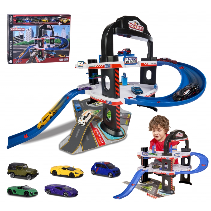 MAJORETTE Miesto Garažas + 5 automobiliai Lamborghini Audi Ford Renault Jeep