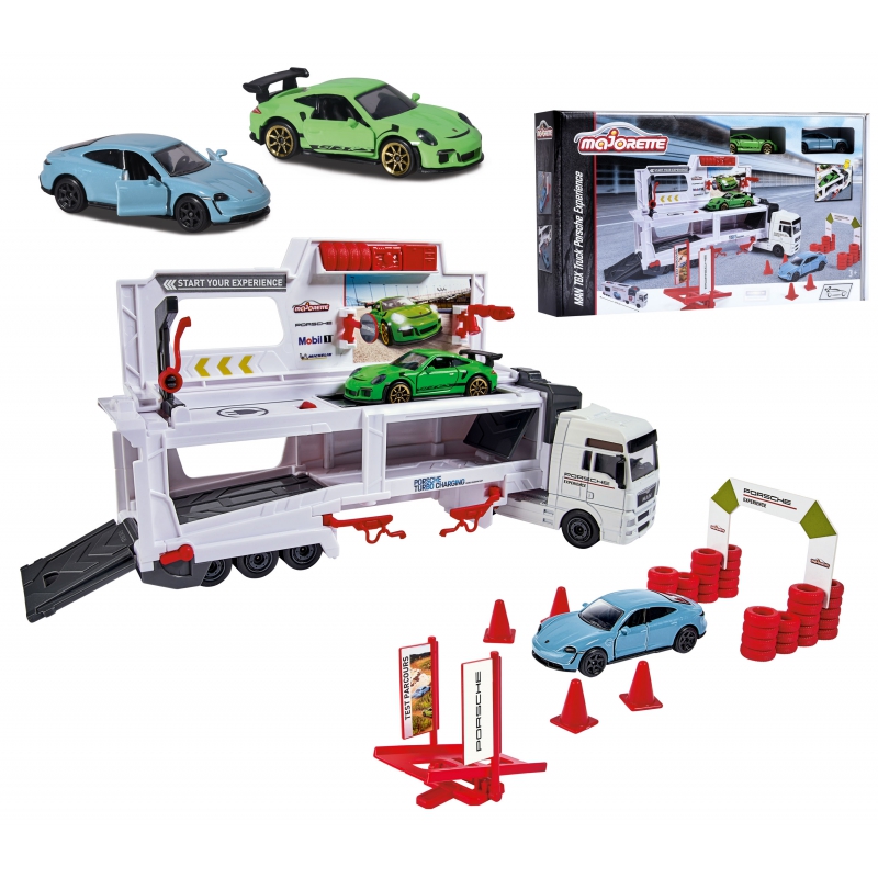 MAJORETTE Centrum Mobilne Porsche MAN TGX sunkvežimis + 2 automobiliai