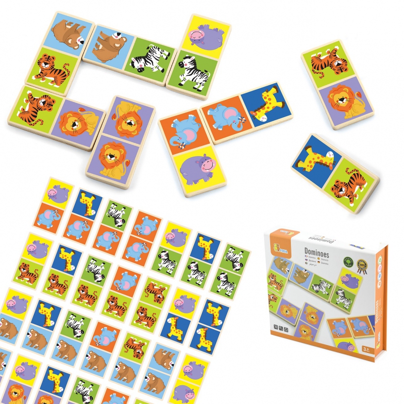 VIGA medinės kaladėlės DOMINO GAME Gyvūnų rinkinys su 28 apverčiamais elementais
