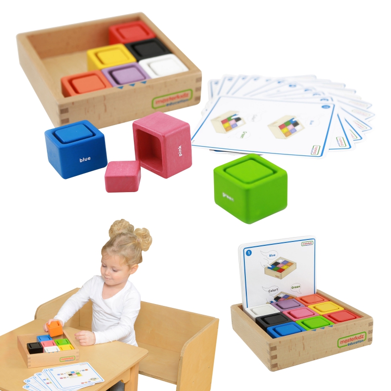 MASTERKIDZ kvadratiniai puodeliai ir kaladėlės medinis žaislas Montessori spalvų rūšiuotojas