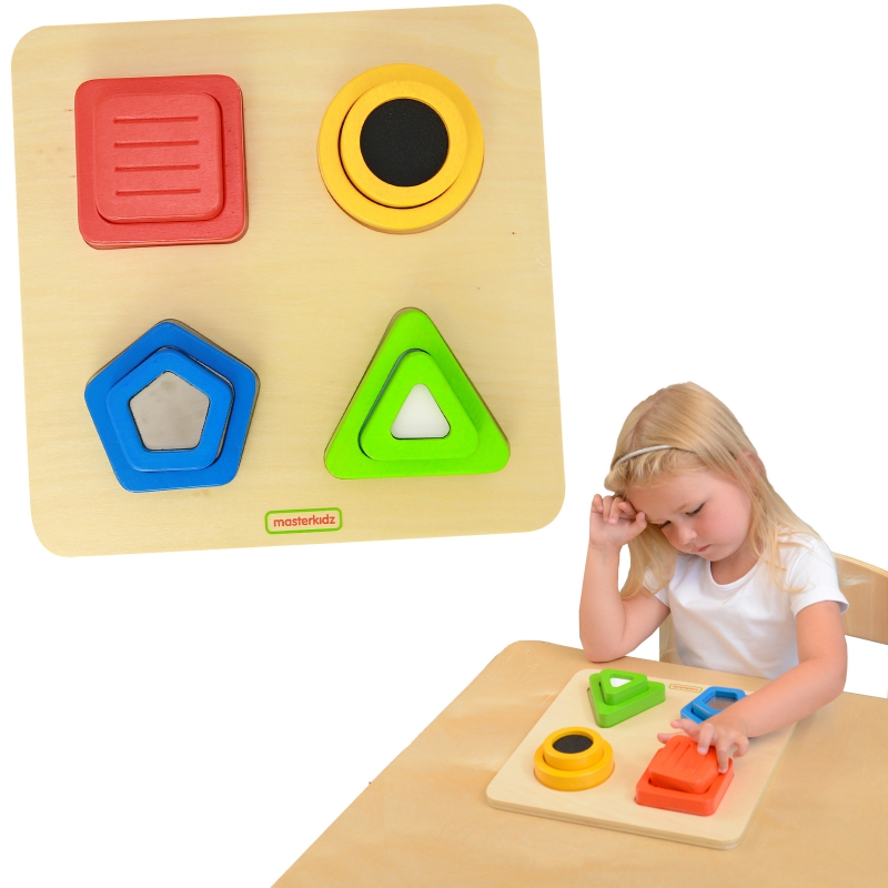 MASTERKIDZ Medinis rūšiuotojas formoms, medžiagoms, paviršiaus tekstūroms Montessori