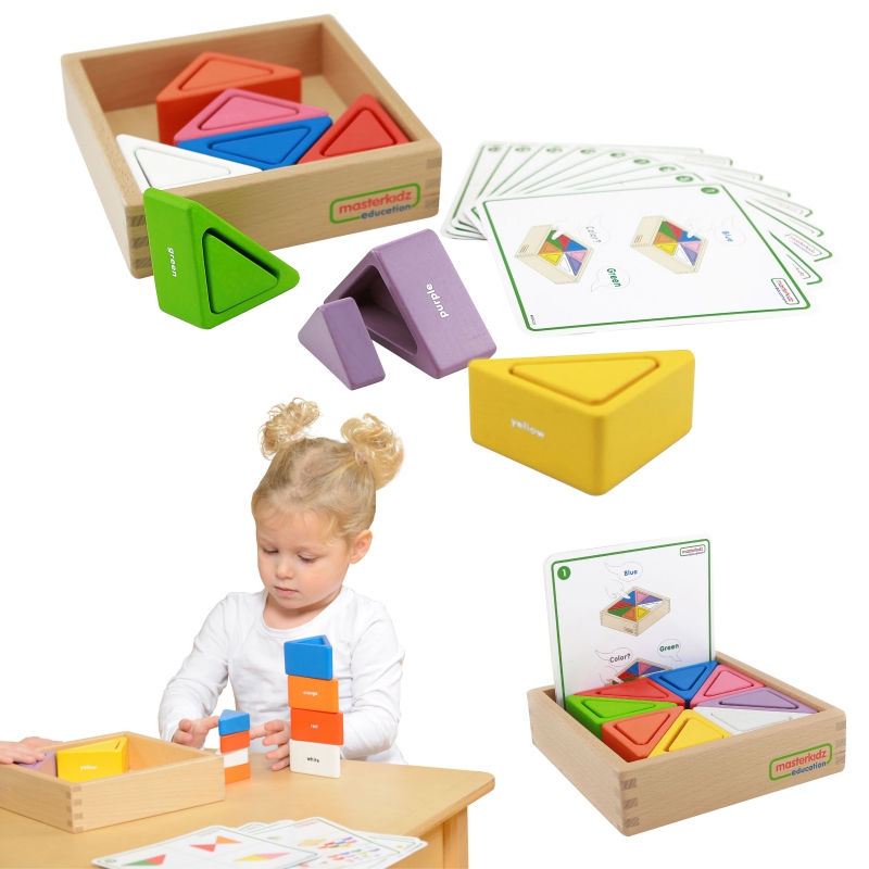 MASTERKIDZ medinis žaidimas vaikams Spalvingi kaladėlės ir puodeliai Montessori trikampiai