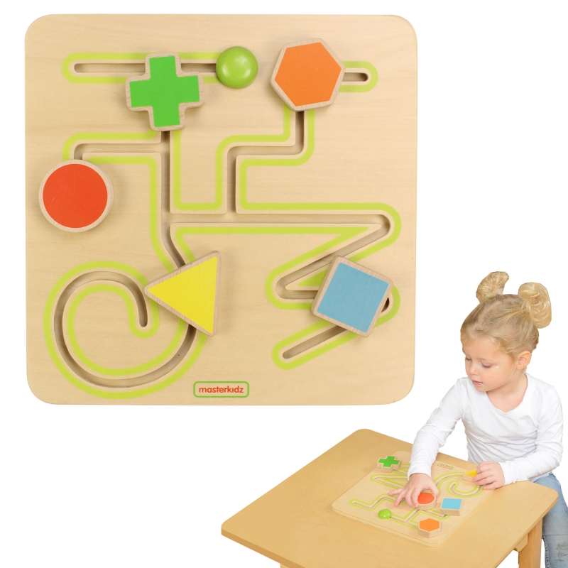 Stumdomas labirintas Geometrinės figūrėlės Medinė planšetė Masterkidz Montessori galvosūkis