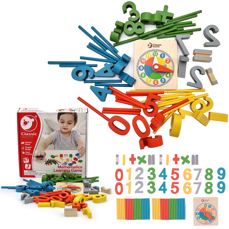 CLASSIC WORLD Matematinis žaidimas Skaičiai Matematinių operacijų ženklai MONTESSORI Laikrodis 67 vnt.