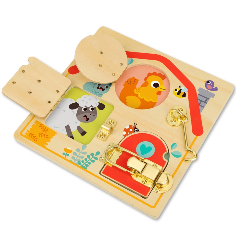Tooky Toy medinė manipuliacinė lenta, atidaroma ir uždaroma spynos su gyvūnais