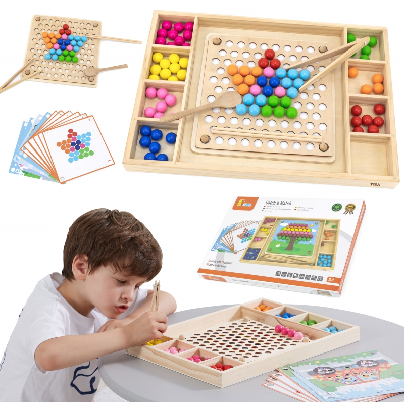 VIGA Medinių kamuoliukų žaidimas Pagauk ir sužaisk Montessori galvosūkį