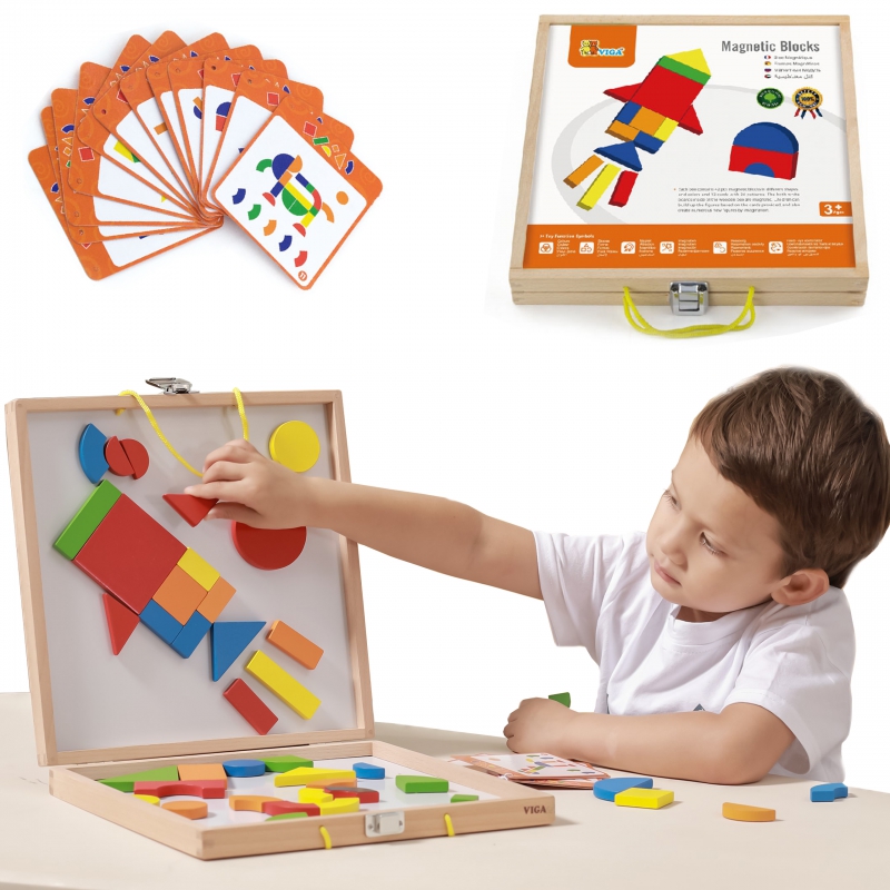 Viga Klocki Dienesa Medinė magnetinė dėlionė Montessori lagamine