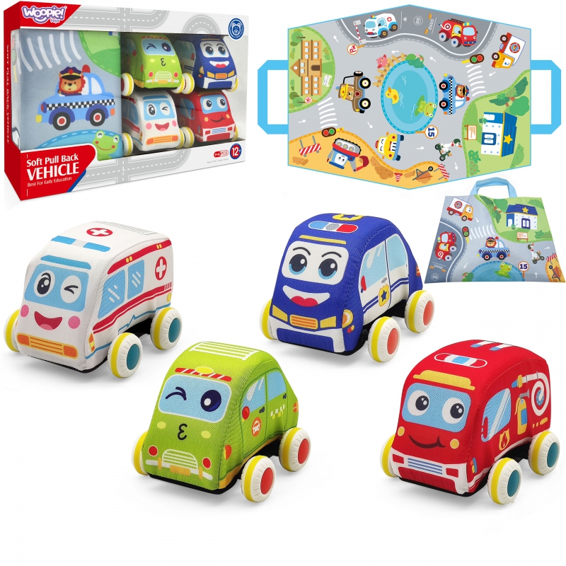 WOOPIE BABY pliušinis Wind Up Cars komplektas kelio kilimėlis 5 vnt.