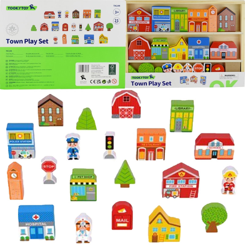 TOOKY TOY Medinių miesto pastatų ir figūrų rinkinys