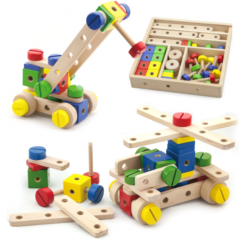 Viga Toys medinis konstrukcinis rinkinys 53 vienetai Montessori dėžutėje