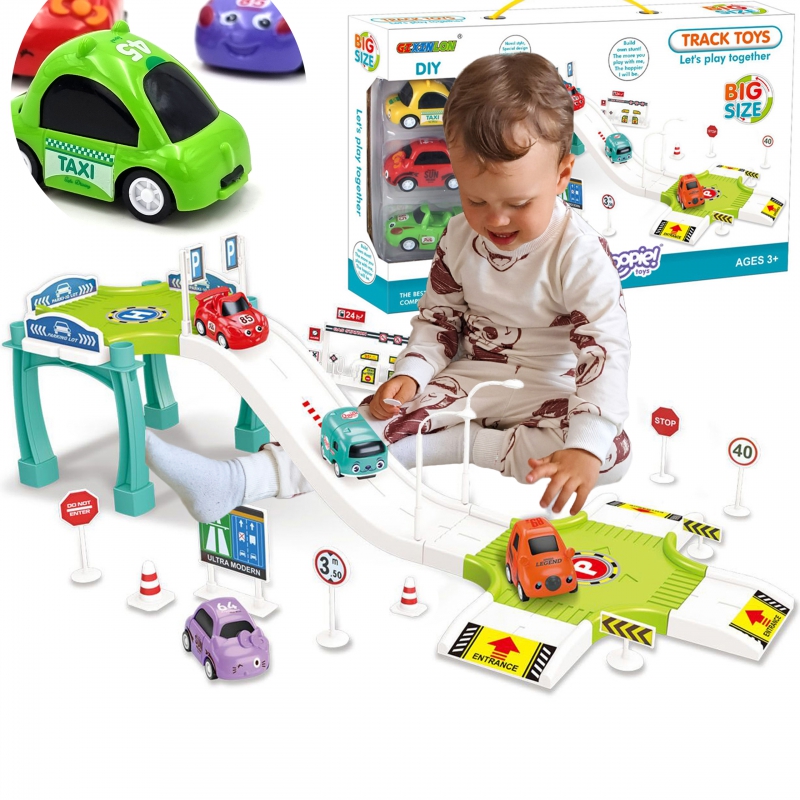 WOOPIE Track Parking Garage Automobilių komplektas Degalinės kelio ženklai + 3 automobiliai