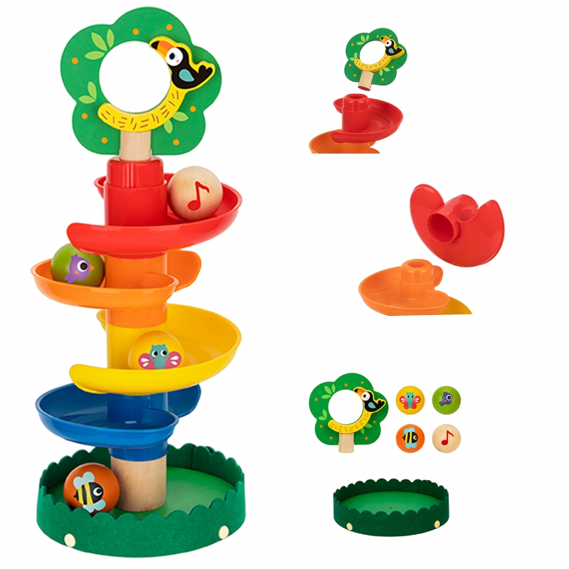 Tooky Toy medinis kamuoliukų takelis su gyvūnais kamuoliukų takelio spirale + 4 kamuoliukai