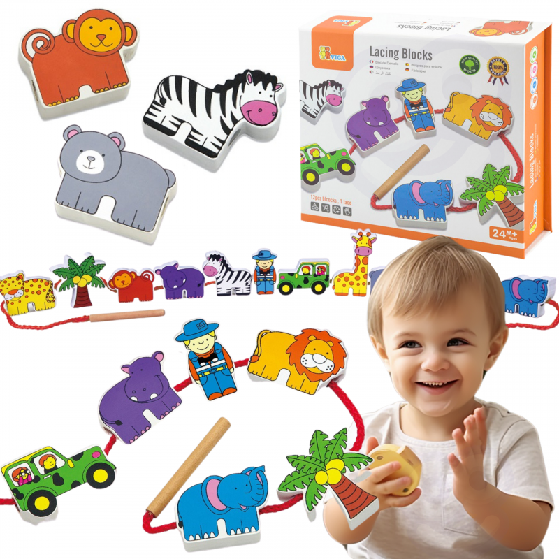 VIGA Wooden Threading Interlace Blocks Safari ZOO