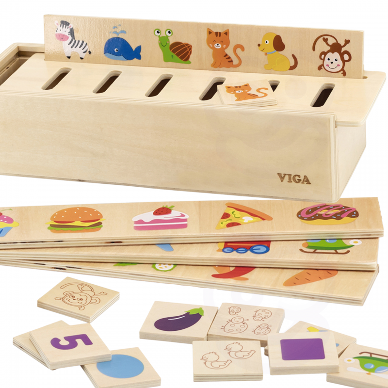VIGA Wooden Educational Sorter Žaidimas Gyvūnai Vaisiai Daržovės Montessori
