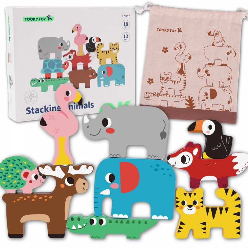 TOOKY TOY Medinės kaladėlės Dėlionės Gyvūnai Montessori 9 vnt.