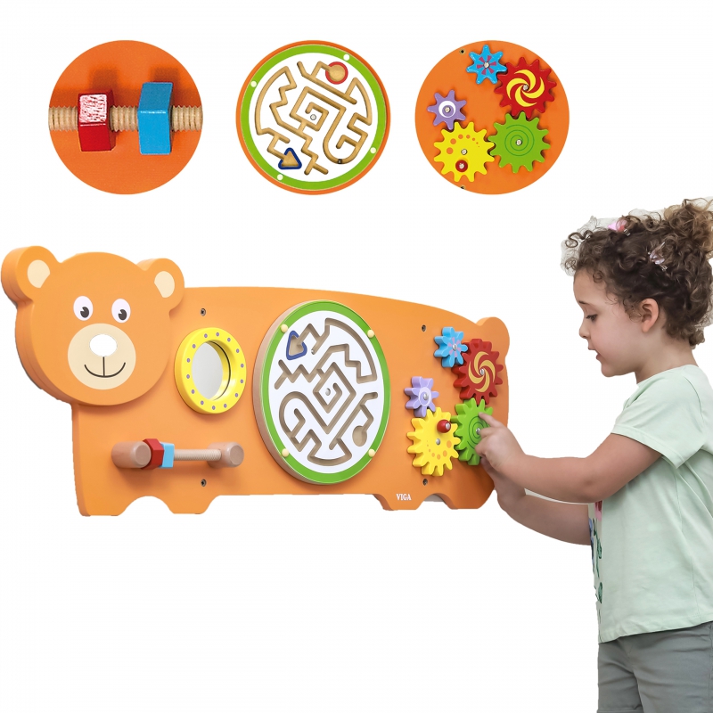 VIGA Teddy Bear jutiminės manipuliavimo lentos FSC Montessori sertifikatas