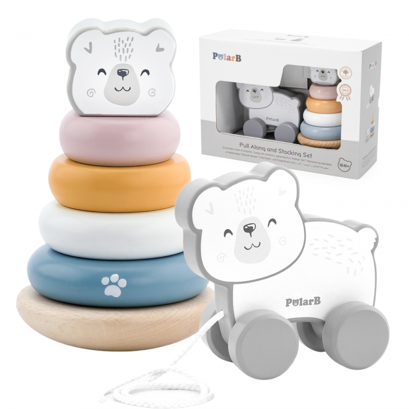VIGA PolarB Baltojo lokio rinkinys Medinė piramidė + Užtraukiamas baltasis lokys