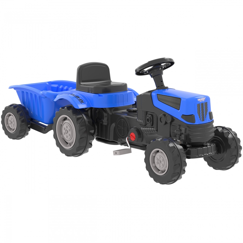 WOOPIE Farmer GoTrac MAXI PLUS pedalinis traktorius su priekabos mėlynais tyliais ratais