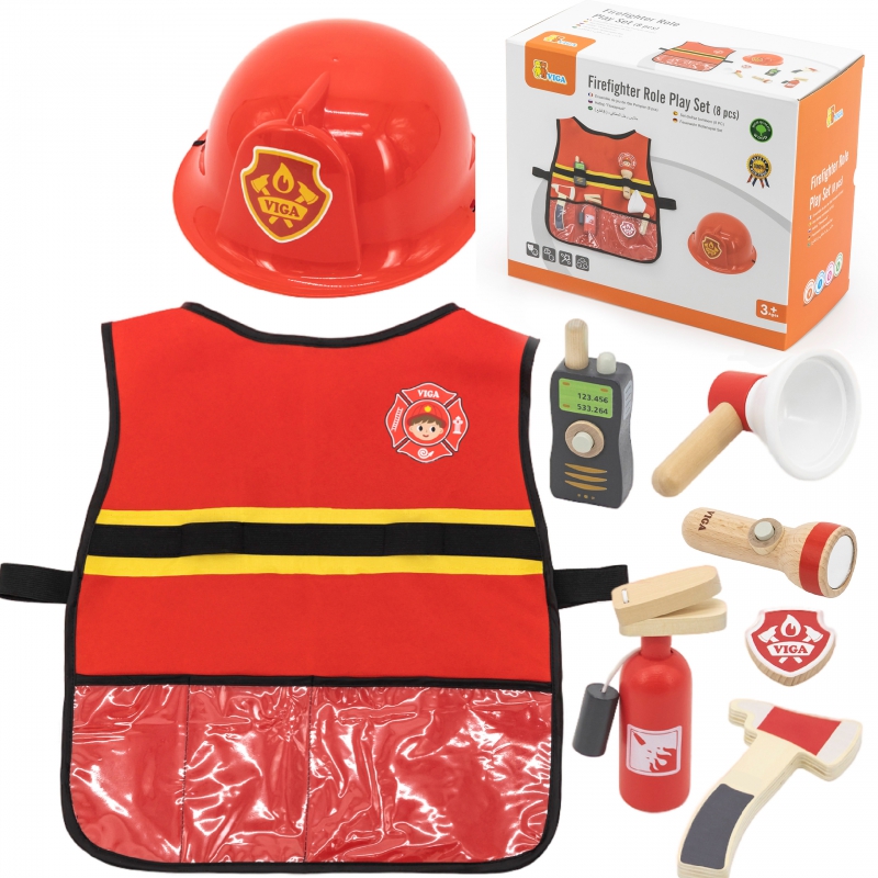 VIGA rinkinys Little Firefighter Liemenė + Mediniai aksesuarai 8 vnt.