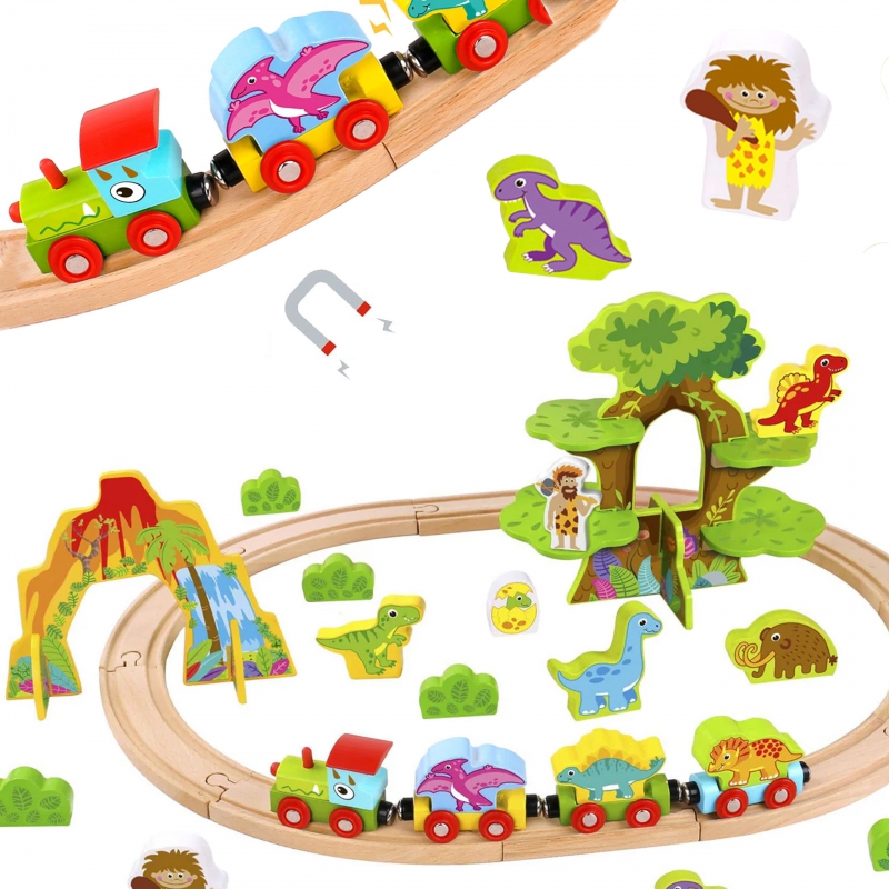 TOOKY TOY Medinis magnetinis traukinys dinozaurai + figūrėlės